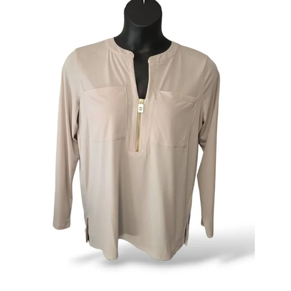 Michael Kors Dune Beige Zip Front Long Sleeve Blouse L NWT
